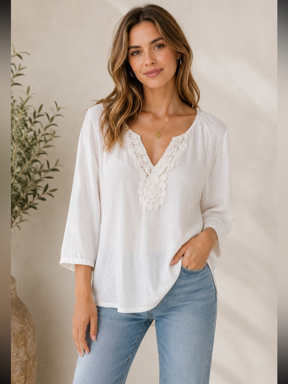 White Crochet 100% Cotton V-Neck Tunic Top with Lace Applique